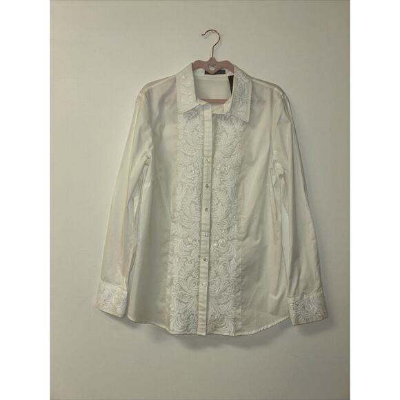 liz claiborne button up white embroidered sequin womens sz lg‎ - Picture 1 of 8